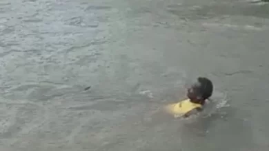 Photo of Vídeo: Homem nada em rua alagada durante temporal na região